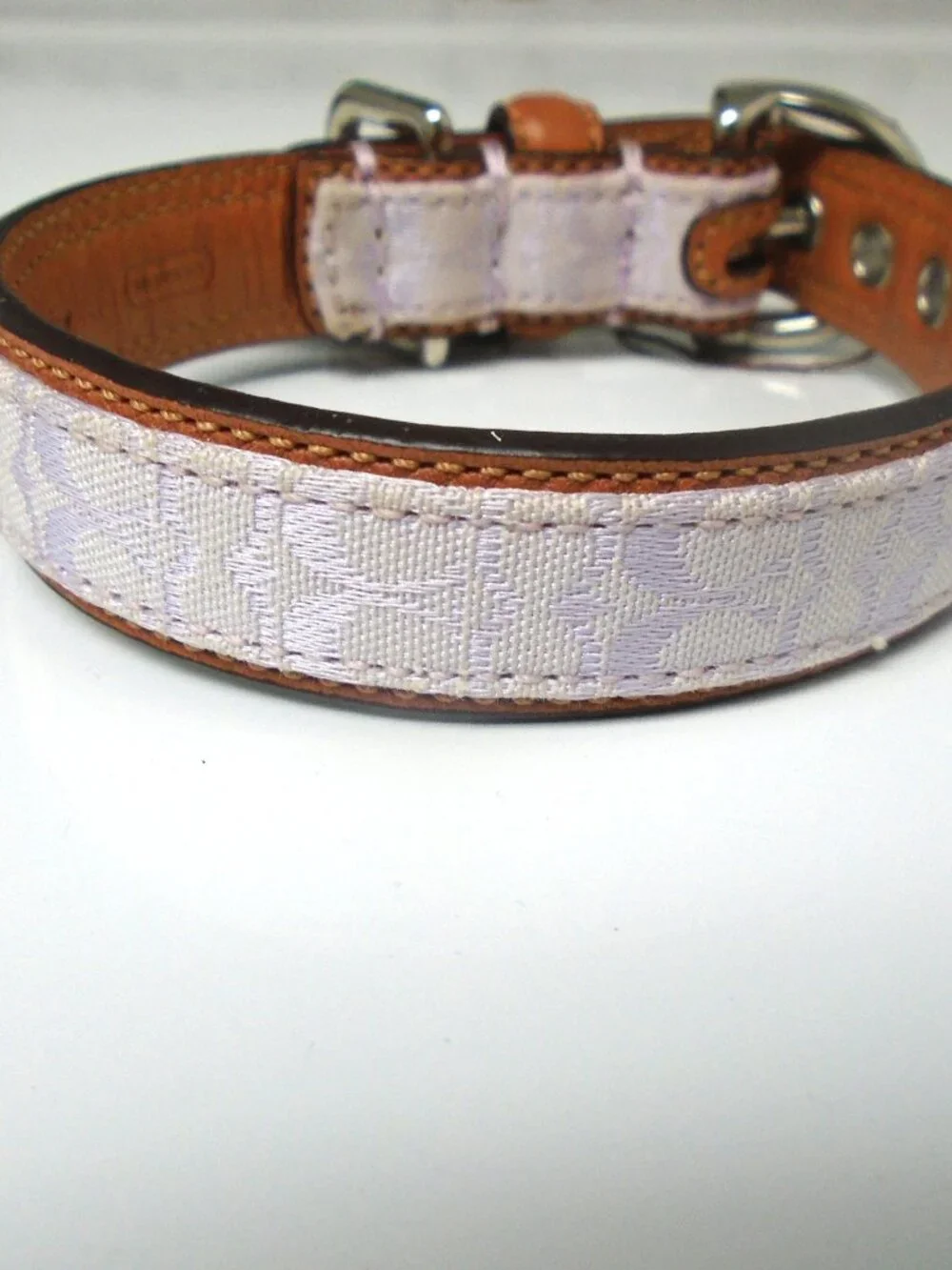 NEW VINTAGE COACH BROWN LILAC JACQUARD SIGNATURE C LEATHER DOG COLLAR 4003 SZ XS
